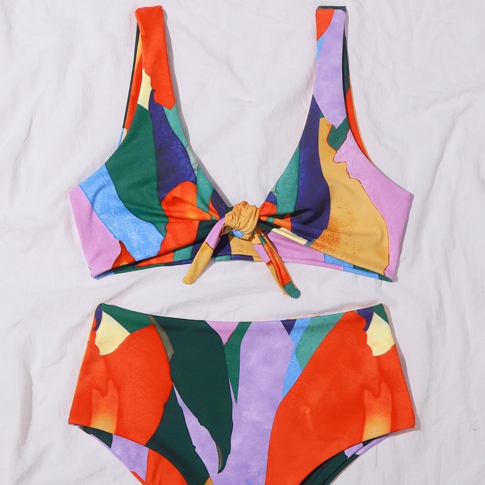 NEW Multicolor Graphic Print Knot Bikini